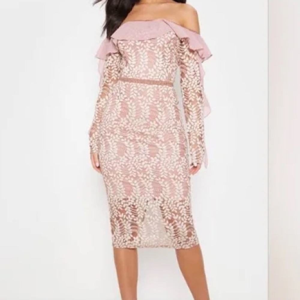 PrettyLittleThing Dust Pink Bardot Lace Ruffles Off-Shoulder MIDI Dress